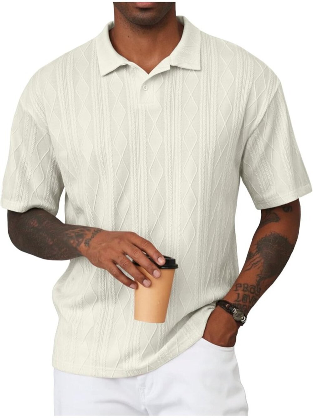 Men White Knit Short Sleeve Casual Golf Beach Button Summer Textured Polo Shirt